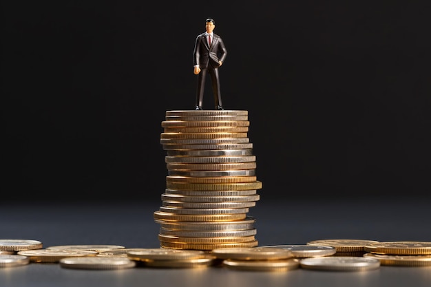 a miniature figurine of a man standing on a stack of coins