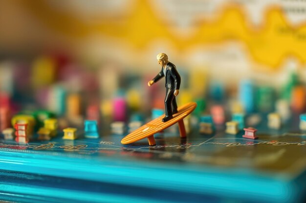 A miniature figurine surfer navigating a sea of fluctuating graphs and charts on a computer screen Generative AI