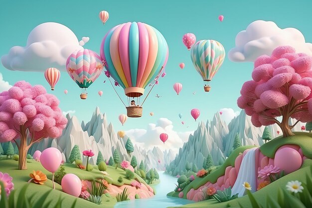 Photo miniature forest background in pastel tone decorated with cute pink rainbow and hot air balloon