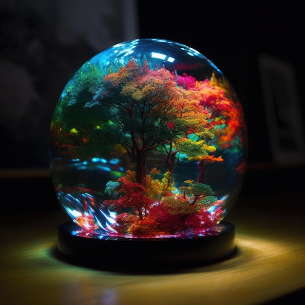 Miniature forest and lakes under the circle glass generative AI