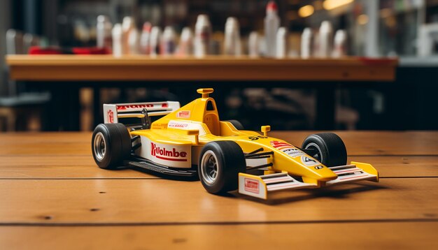 A miniature formula one car on table