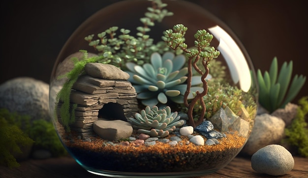 A miniature garden in a glass bowl