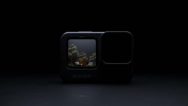 Photo miniature garden inside an action camera with trees chair and stones