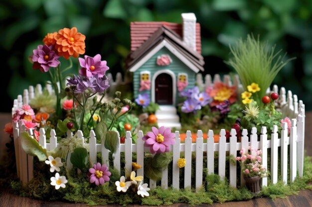 Miniature garden with flowers and a picket fence created with generative ai