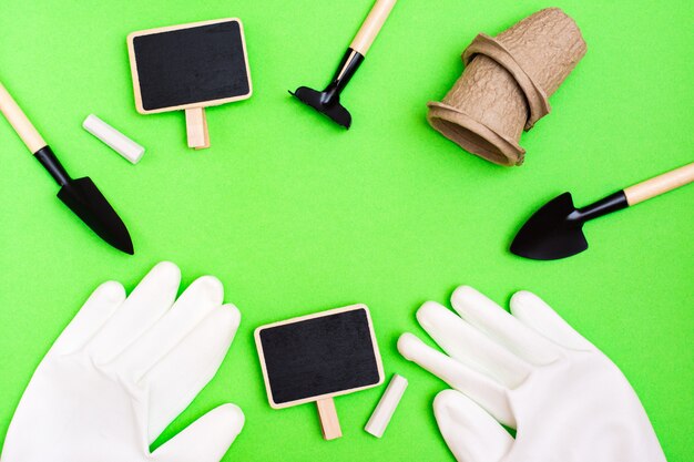 Miniature gardening tools: scoop, rake,  inscription board and chalk