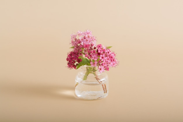 Miniature glass bottle with wildflowers on a beige table