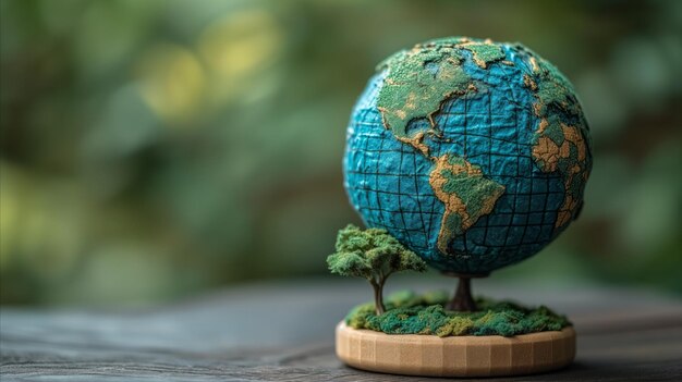 Miniature globe with a small tree on wooden base concept