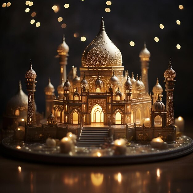 a miniature of a golden mosque with candles