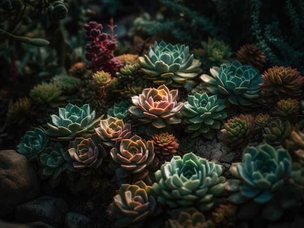 Миниатюрные домашние цветы, суккуленты и кактусы в саду, созданные с помощью технологии генеративного искусственного интеллекта