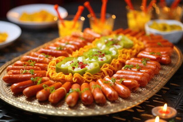 Miniature hot dogs served on a party platter