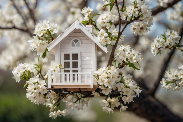 Photo miniature house amidst spring blossoms