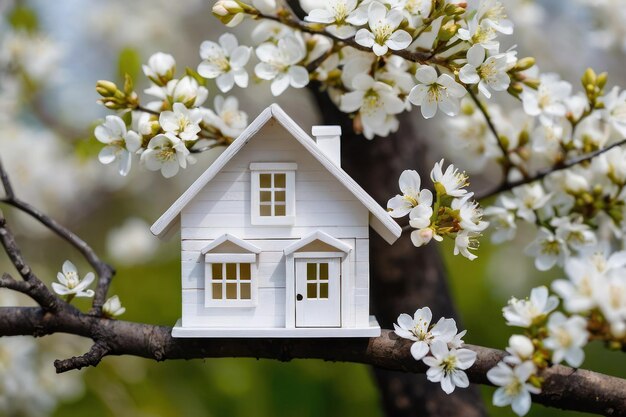 Photo miniature house amidst spring blossoms