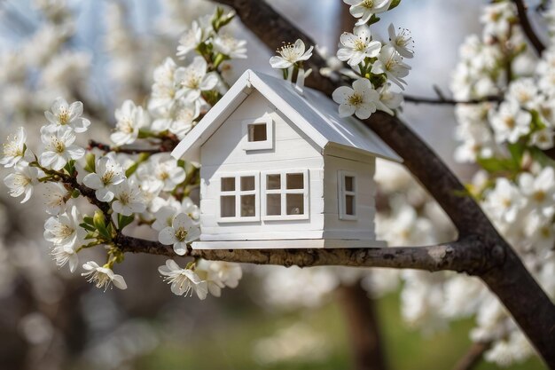 Photo miniature house amidst spring blossoms