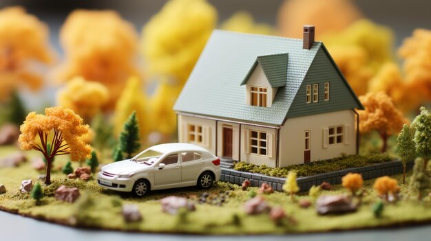 Miniature house and car isolated on white background generative ai