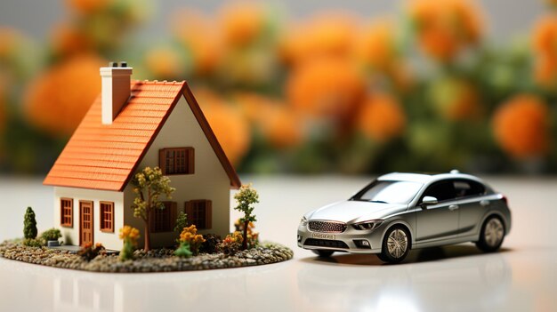 Miniature house and car isolated on white background Generative AI