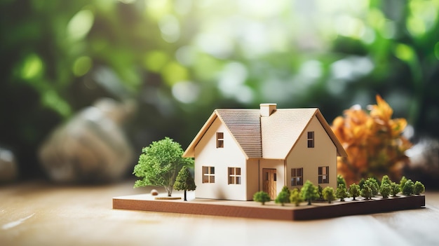 Miniature house in a desk of real estate agent with couple signing the paper of their new home