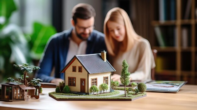 Miniature house in a desk of real estate agent with couple signing the paper of their new home