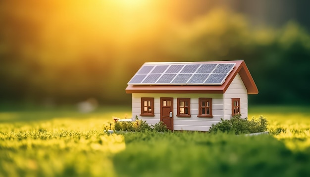 Miniature house on a green meadow