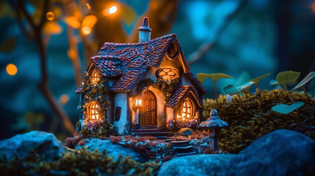 A miniature house illuminated by soft lanterns creating a magical fairy world AI Generative