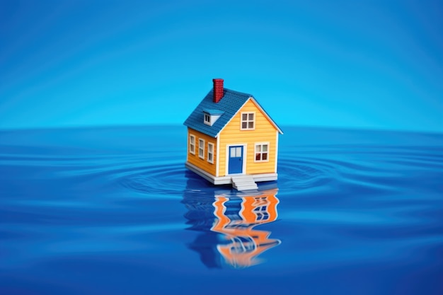 Miniature house on a liferaft floating in blue water