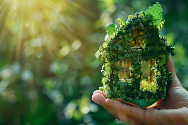 Miniature house model made green leaves held gently in hand with backdrop sunlit forest clearing