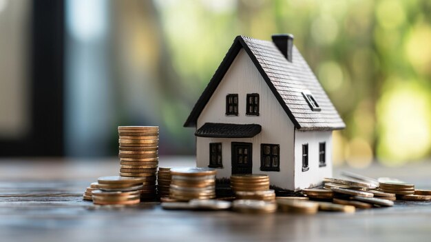 부동산 투자 모기지 또는 주택 자금 조달 비용의 개념을 설명하는 청사진에 동전 더미로 둘러싸인 소형 집 모델