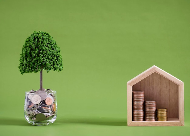 Miniature house model with coins stacks