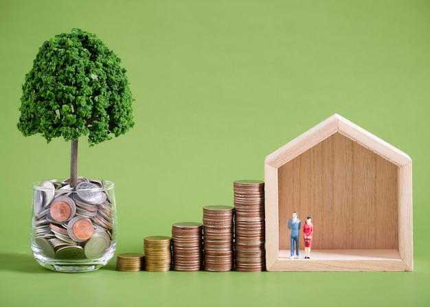 Miniature house model with coins stacks