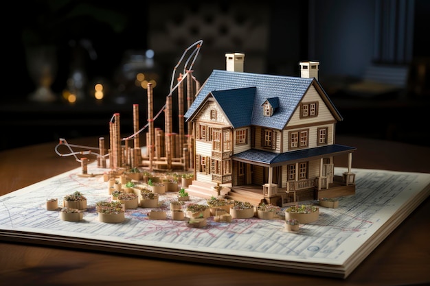 Photo miniature house model with economic growth graphs