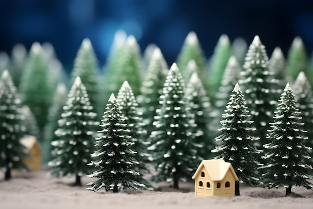 Miniature house and new year trees on green snow background