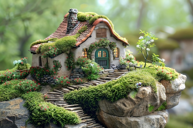 Miniature House Perched on Rock in Woods