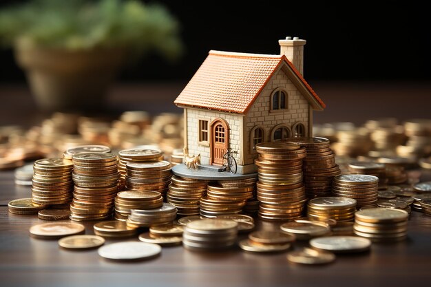 Miniature House and Stack of Coins on White Background