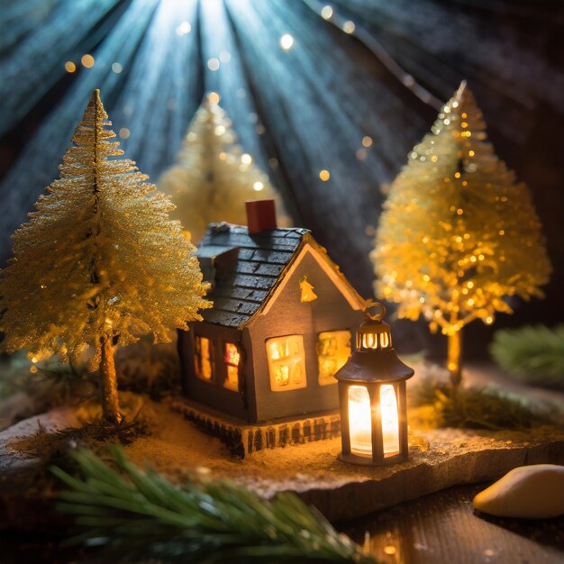Photo miniature house and trees under the light of a lantern