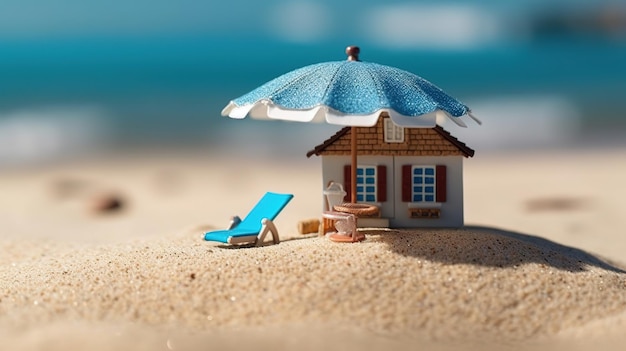 Miniature house and umbrella on beachGenerative Ai