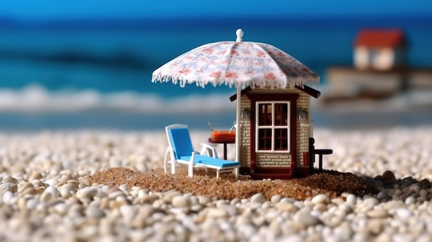 Miniature house and umbrella on beachGenerative Ai