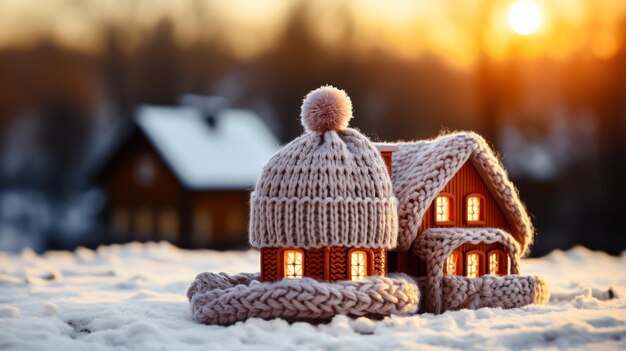 Miniature House in Winter Hat Generative AI