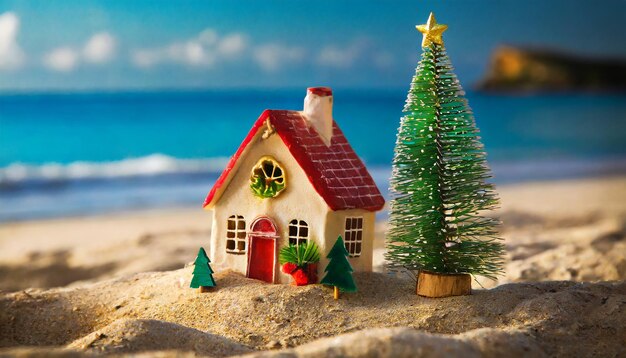 Photo miniature house with a christmas tree on a sandy beach