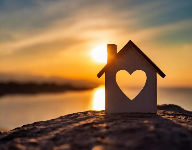 Photo miniature house with heart shape window on sunset background sweet home concept