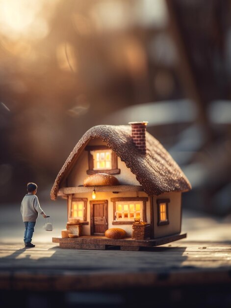 A miniature house with a snow covered roof and a man standing in front of it.