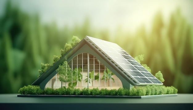 지붕에 태양광 패널이 있는 소형 주택 환경 보호 안전 보존