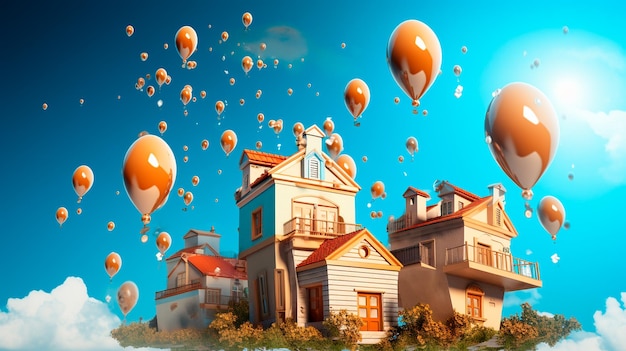 Miniature houses and balloons Generative AI
