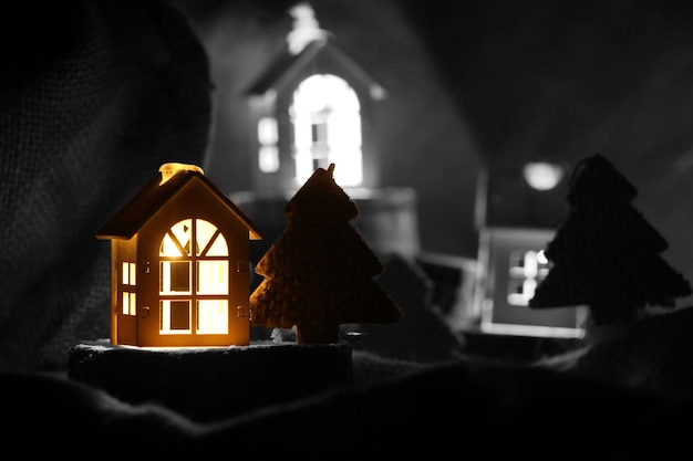 Foto case in miniatura e alberi di abete rosso decorazione invernale di natale