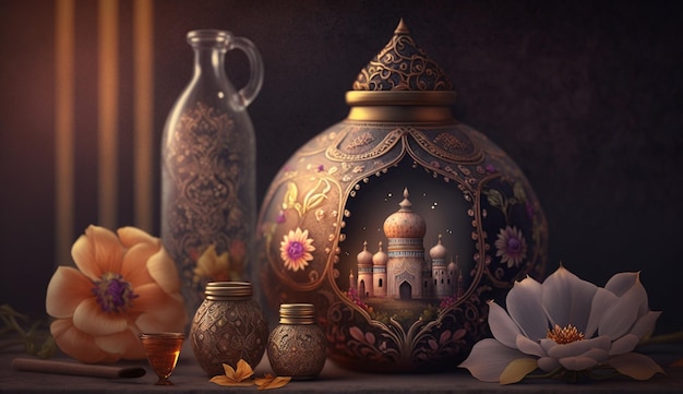 花と装飾が施された静物画の中に配置された花瓶に入ったミニチュアのインドの宮殿