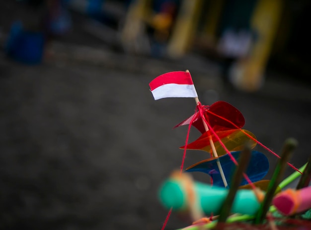 A miniature Indonesian flag in a toy ship shallow focus