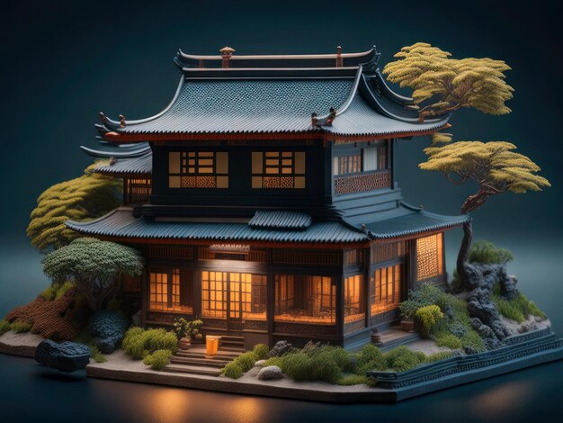 A miniature of a japanese house with a japanese landscape in the background