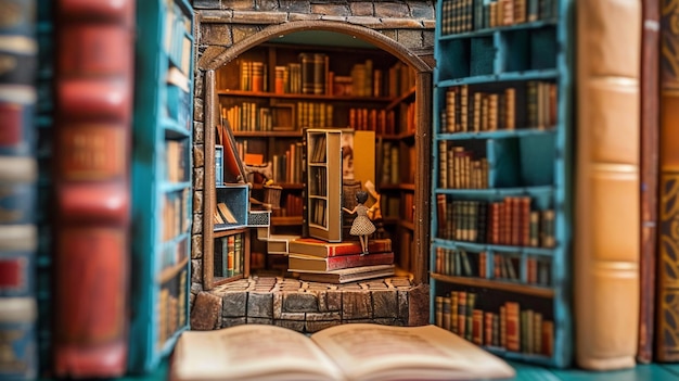 A miniature library crafted from tiny books inviting fairies to explore the world AI Generative