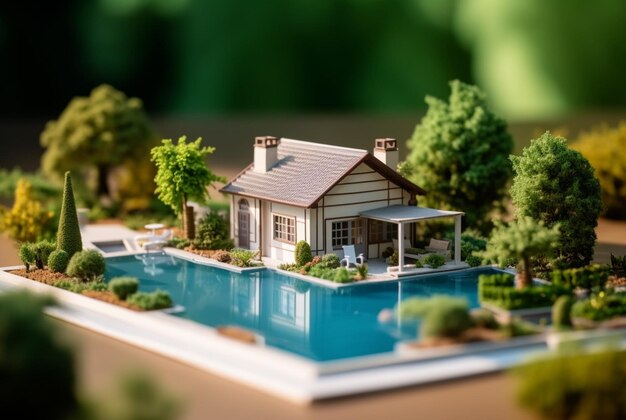 Miniature luxury house with swimming pool generative ai