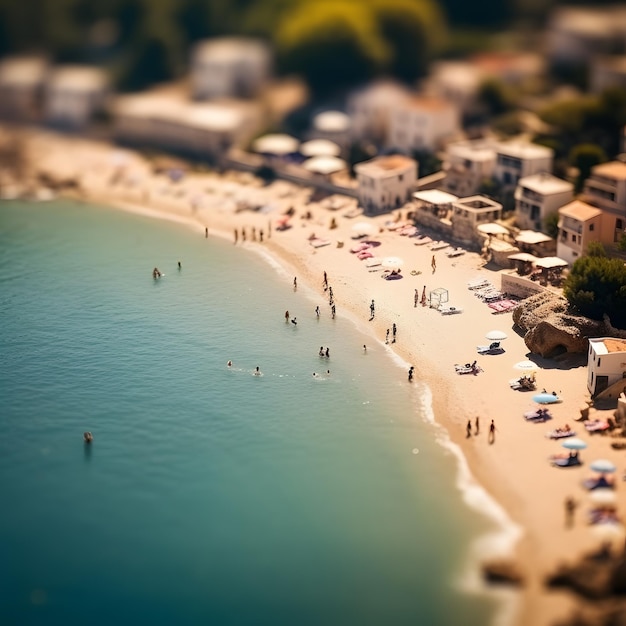 Miniature macro photography overhead of beautiful coastal beach with city and sea during a vacation