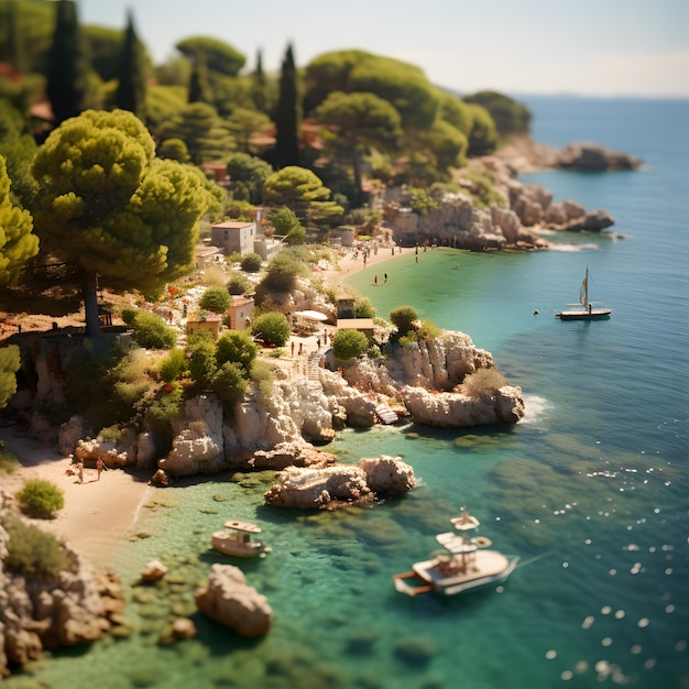 Miniature macro photography overhead of beautiful coastal beach with city and sea during a vacation