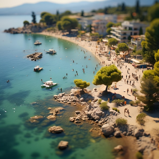 Miniature macro photography overhead of beautiful coastal beach with city and sea during a vacation